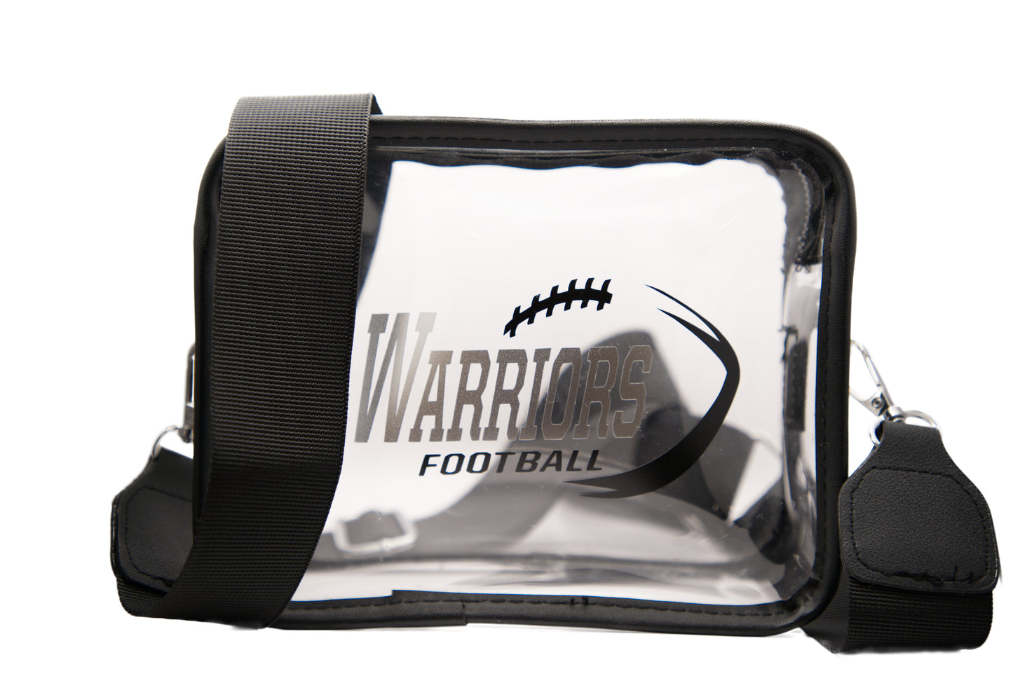 Warrior fans standard black purse comes with an adjustable black strap, coin purse and black wristlet
