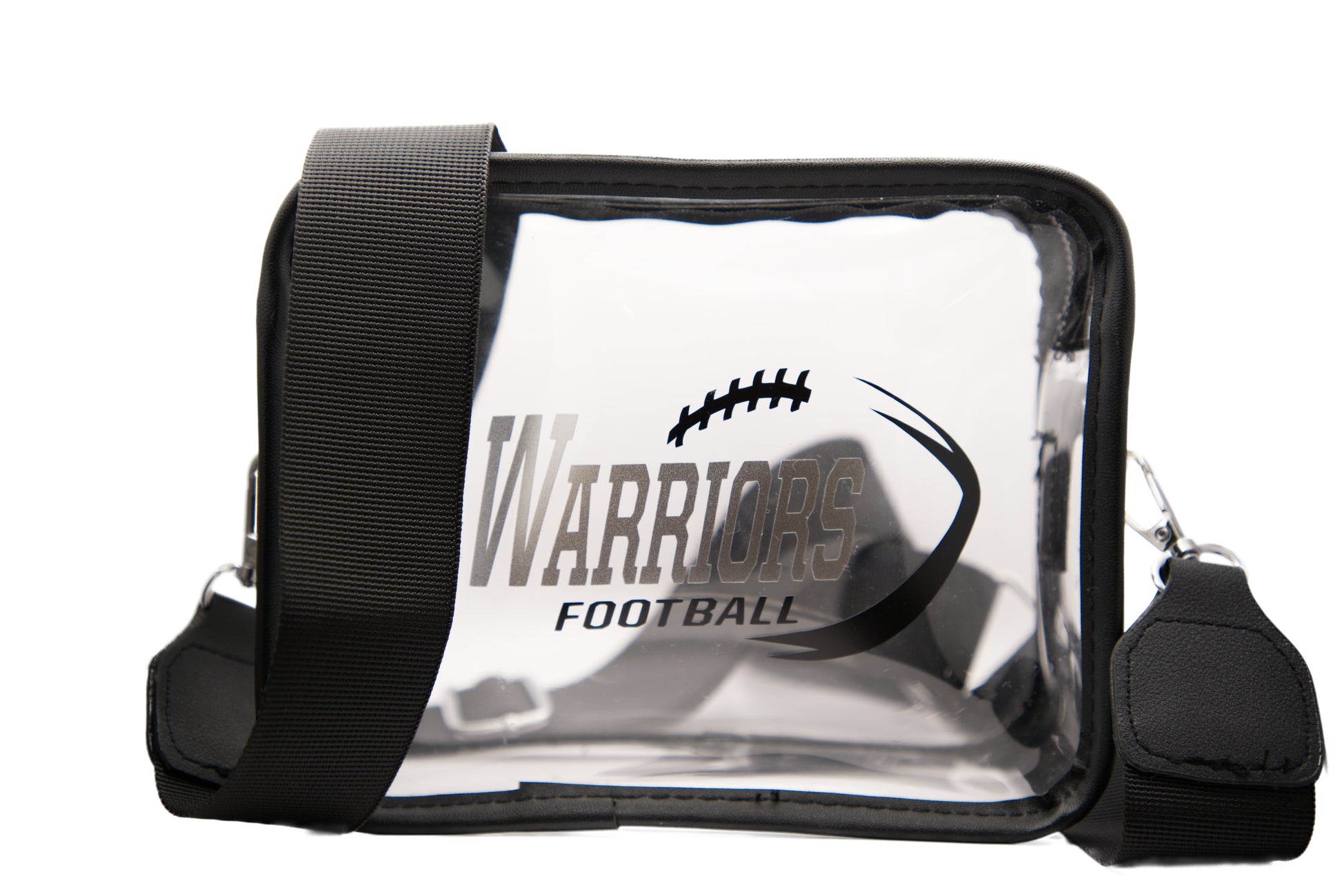 Warrior fans standard black purse comes with an adjustable black strap, coin purse and black wristlet